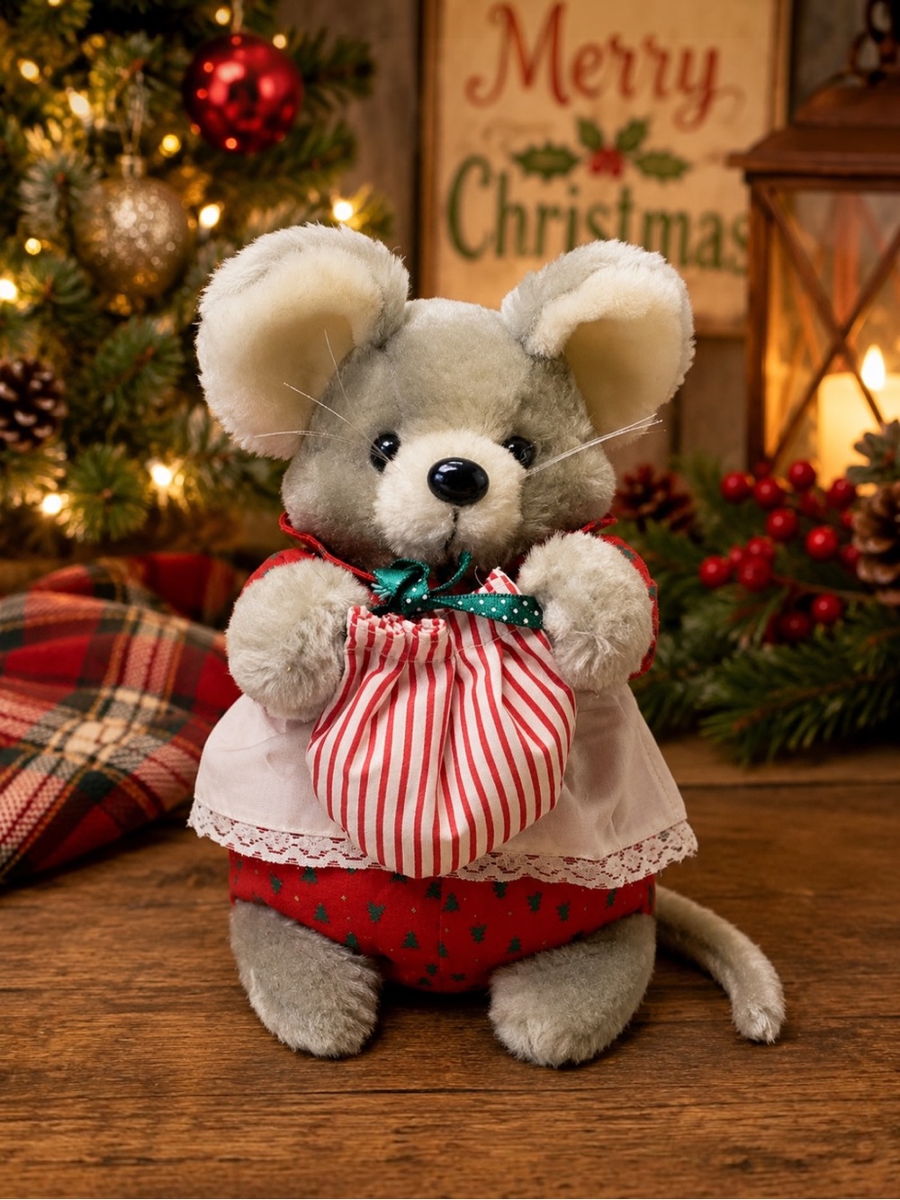 Sugar Loaf Vintage 1988 Christmas Mouse Plush 10” Stuffed Animal Gift Bag Grey